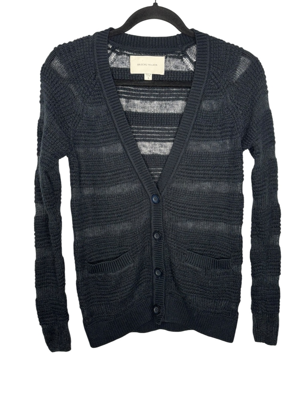 Brochu Walker Navy Knit Button-up Cardigan Sheer Striped Textured Size Small